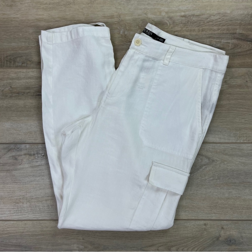 Lauren Ralph Lauren Linen Blend High Rise Pants White Adjustable Length Size 14 - Picture 2 of 11